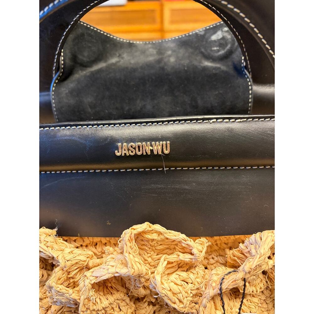 Jason Wu Raffia Floral Tote Bag Black Leather Top Handle Crossbody Purse - Picture 7 of 11